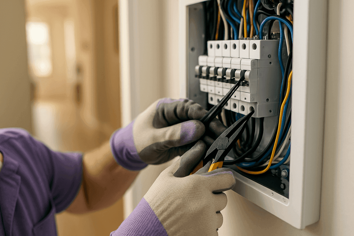 Close-up of electrician’s gloved hands wiring a modern electrical panel indoors